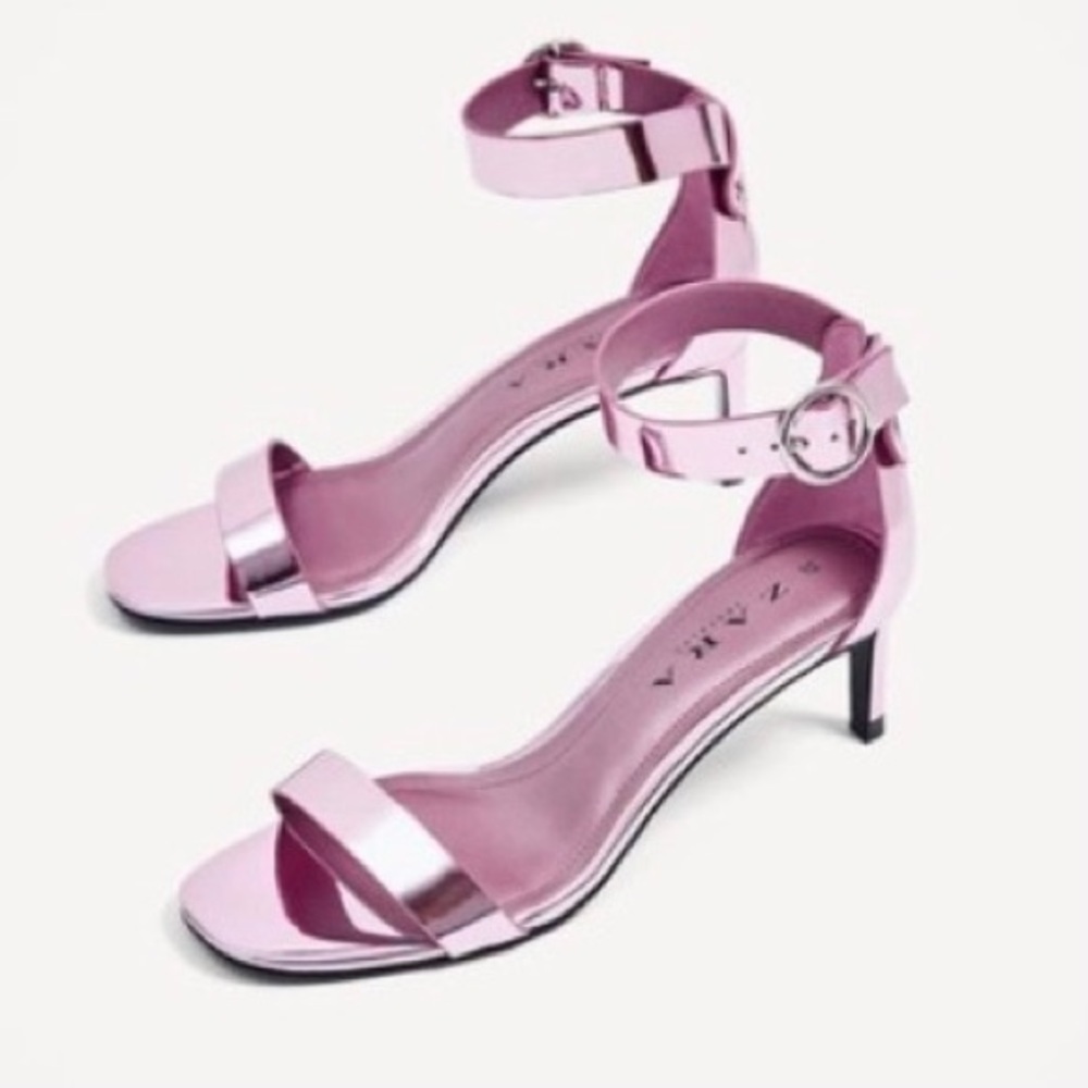 ZARA Pink Metallic Kitten Heel Sandals Size 39 NWOT